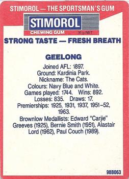1990 AFL Scanlens Stimorol #13 Geelong Cats Back